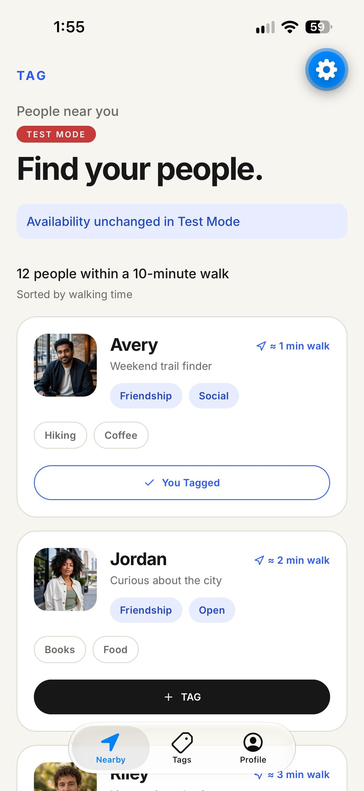 Mobile app screen showing a people discovery feature with nearby users sorted by walking distance, displaying profile cards for Avery, Jordan, and Riley with their interests and tags